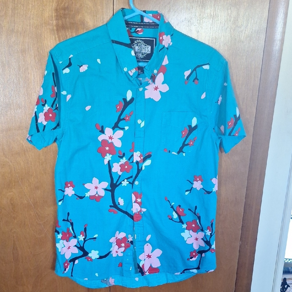 Vibrant Blue and Red Casual Button Down Shirt with Floral Pattern